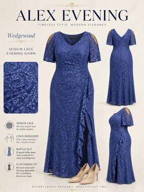 Alex Evenings Wedgewood V Neck Ruffle Trim Slit Sequin Maxi Dress 18W NWT